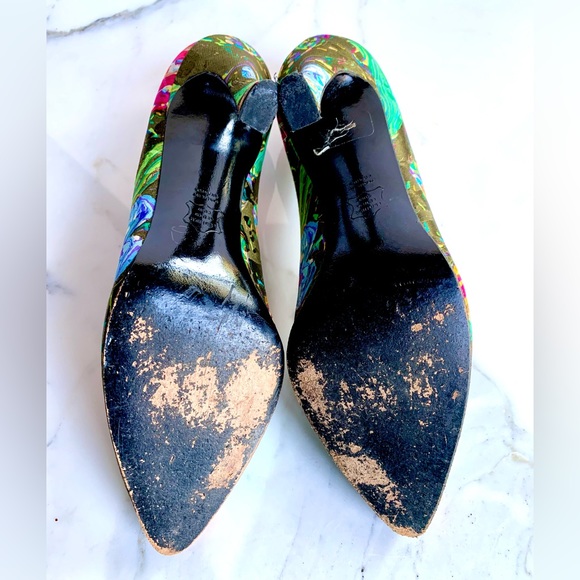 CHARLES JOURDAN PARIS FRANCE 1990s VINTAGE SILK FLORAL HIGH HEELS STUNNING - Picture 7 of 9